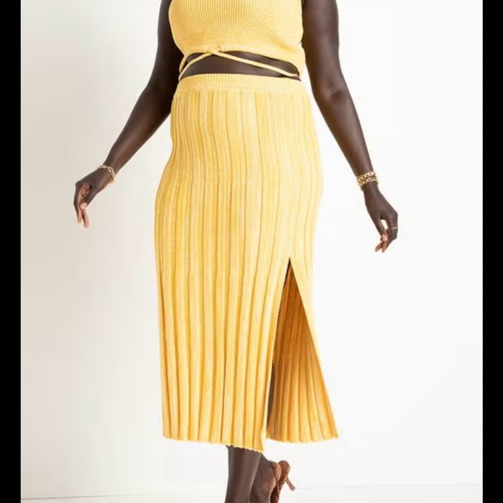 Eloquii Yellow Ribbed Pencil Midi Skirt